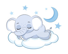 Cute Elephant Boy Sleeping On A Cloud. Vector Illustration Of A Cartoon.