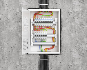 Voltage switchboard with circuit breakers in the concrete wall. Electrical background. 3d illustration