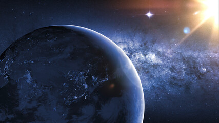 Fototapete - Planet earth planet in deep space against blue nebula and glowing hot sun. Night view from the orbit of the planet with cities lights and distant sun. Elements of this image furnished by NASA.