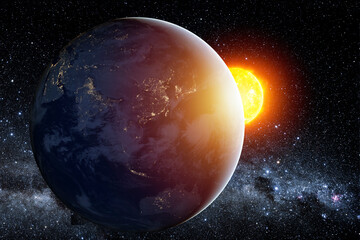 Fototapete - Planet earth planet in deep space against blue nebula and glowing hot sun. Night view from the orbit of the planet with cities lights and distant sun. Elements of this image furnished by NASA.