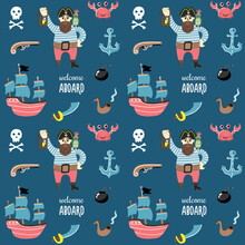 Children's Seamless Pattern In A Nautical Style With Pirates, A Ship, A Revolver, A Skull, A Smoking Pipe