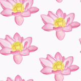 Fototapeta Motyle - Seamless watercolor pattern on a white background. Blooming lotus. Delicate pink color with a yellow core. Symbol of purity and love