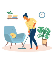 Wall Mural - Young woman with mop in the living room. Vector flat style illustration