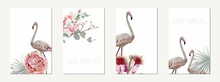 Exotic  Flamingo Birds With Leaves And Flowers. Beal To Beak. Card Template Set. Mating Season. Detailed Vector Design Illustration. Valentine.