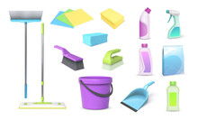 Realistic 3d home cleaning tools, brooms, mop and bucket. Household cleanup and dish washing chemical products, rags and sponges vector set