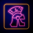 Glowing neon Roman army helmet icon isolated on black background. Vector