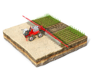 Red irrigation machine improves desert by spraying water and turns it into fertile land with lot of green plants, located on a piece of ground, isolated on white background, 3d illustration