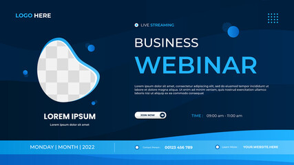 Business webinar website banner template with liquid frame and blue background