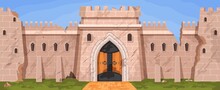 Cartoon Broken Medieval Castle Or City Wall Ruins After War. Abandoned Stone Block Fortress With Towers. Ruined Kingdom Walls Vector Scene