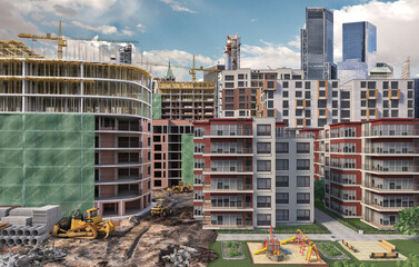 Wall Mural - Residential buildings under construction with a construction site and with half finished houses. 3d illustration