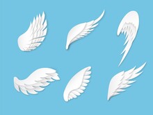 Paper Wings. Artificial White Different Shapes Wings Decoration. Heraldic Logo With Bird Feathers, Origami Flying Angel Vector Concept