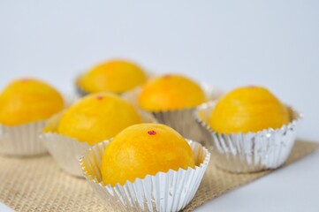 bean cake with salted egg on white background