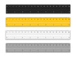 Set of rulers with inches and cm scale. School measuring ruler 20 centimeters. Plastic ruler with double side measurement. Measuring tool, school supplies. Vector illustration.
