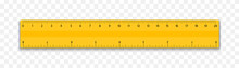 Ruler With Inches And Cm Scale. School Measuring Ruler 20 Centimeters. Plastic Yellow Ruler With Double Side Measurement. Measuring Tool, Stationery, School Supplies. Vector Illustration.