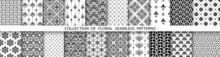 Geometric Floral Set Of Seamless Patterns. Black And White Vector Backgrounds. Simple Illustrations
