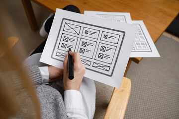 Wall Mural - woman designer create website design wireframe. sketch, prototype, framework, layout future design p