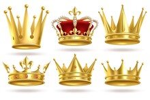 Realistic Golden Crowns. King, Prince And Queen Gold Crown And Diadem Royal Heraldic Decoration. Monarch 3d Isolated Vector Signs