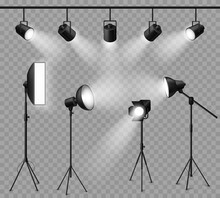 Realistic Spotlight. Illuminated Photo Studio And Stage Light, Floodlights And Softbox Set For Vivid Show, Concert Light Effects. Vector Set