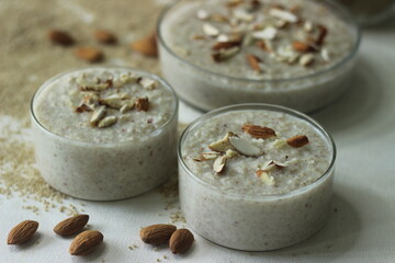 Barnyard millet porridge. An easy and healthy porridge for breakfast with barnyard millet, milk and almonds