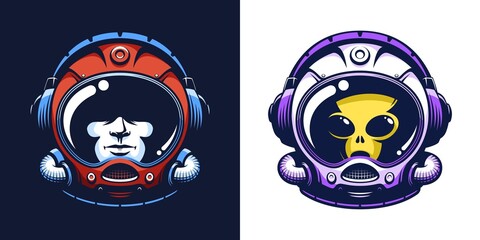 Wall Mural - Cosmonaut space helmet with headphones. Space retro emblem with astronaut head. Alien in spacesuit mask. Vector illustration.