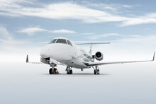 Modern Executive Business Jet Isolated On Bright Background With Sky