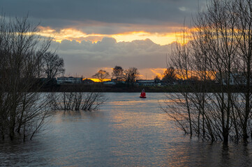 Winter sunset scene of dutch river Waal with high water causing minor flooding around the city of Nijmegen