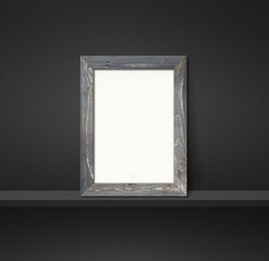 Poster - Wooden picture frame leaning on a black shelf. 3d illustration. Square background