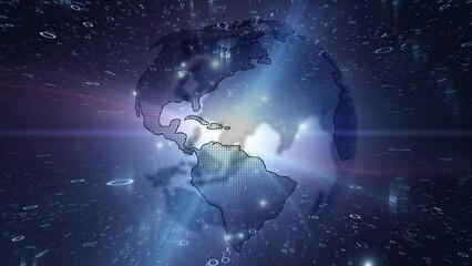 Wall Mural - 3d earth planet globe rotation in digital cyberspace network with binary numbers animation backgroun