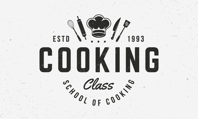 Canvas Print - Cooking Class logo. Cooking emblem with chef hat, knife, whisk and rolling pin. Trendy poster design. Vector illustration