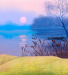 Evening landscape by the river at sunset with a boat and reeds. Digital illustration