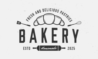 Wall Mural - Bakery logo, poster. Bakery trendy logo with croissant, rolling pin, whisk and spatula. Vintage trendy hipster design. Confectionery, Bake shop, pastry shop Vector emblem template.