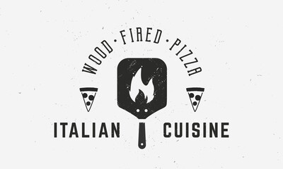 Wall Mural - Italian Restaurant logo, poster. Italian Cuisine. Pizza emblem with oven, pizza slice and fire flame. Vintage poster, logo for restaurant, menu design.