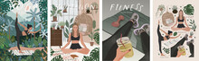 Fitness, Yoga And Meditation. Vector Illustrations Of A Healthy Lifestyle, Proper Nutrition, People Involved In Sports In Nature, At Home And In The Studio