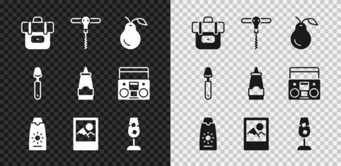 Wall Mural - Set Hiking backpack, Wine corkscrew, Pear, Sunscreen cream tube, Photo frame, glass, Spoon and Sauce bottle icon. Vector