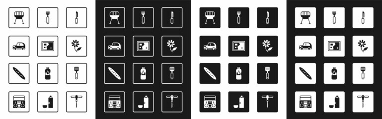 Wall Mural - Set Knife, Folded map, Car, Barbecue grill, Flower, Fork, Spatula and French baguette bread icon. Vector