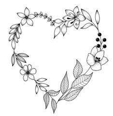 Poster - Heart made of leaves. Isolated heart shaped frame drawn with lines. Heart coloring page. Symbol of love on Valentine's Day.