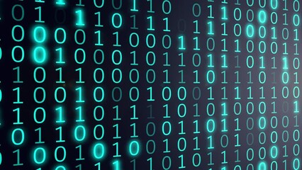 Futuristic digital binary data on computer screen. 4K seamless loop motion of flashing numbers. Abstract background. Code, program concept.