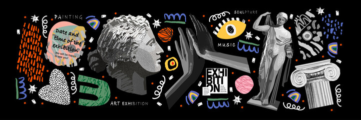 Art objects for the exhibition of classical and contemporary painting, sculpture and music. Hand illustrations, plaster bust, statues and abstract shapes, spots and lines. Drawings for poster.