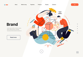 Technology Memphis - Brand modern flat vector concept digital illustration branding metaphor, company brand promotion. Business workflow and team management. Creative landing web page template