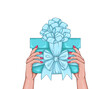 Vector drawing congratulations elegant woman hand. Woman Fashion model fingers with manicure nails holding turquoise boxes decorated with mint ribbons and bows. Design print Festive greeting present 