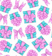 Vector seamless pattern cute turquoise gift boxes decorated pink ribbons and bows. Colorful festive background with present boxes. Design print wrapping paper, wallpapers, Valentine Holiday presents