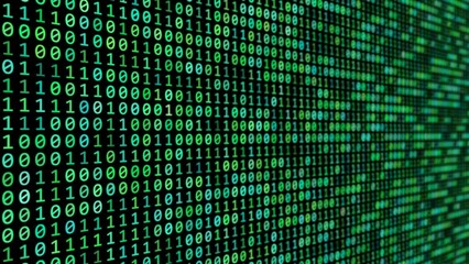 green binary code on computer screen - data flow animation - black background
