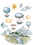 Fototapeta Dziecięca - Watercolor collection with air balloons,bunting flags and clouds in pastel colours.Handpainted air ballons beautifully decorated on white background,pastel clouds and multicolored flags.Watercolor set