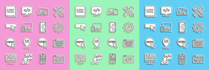 Set line Front end development, UI or UX design, Website statistic, Monitor, mobile, tablet, and, and icon. Vector