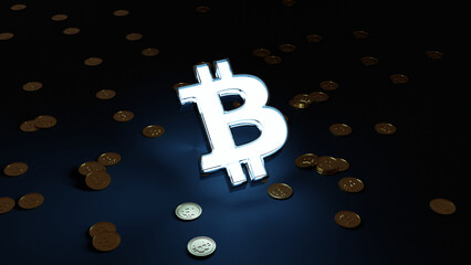 Glowing Bitcoin Logo with blue Light and golden Coins on dark Background