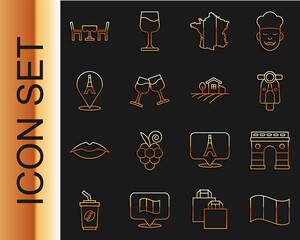 set line flag france, triumphal arch, scooter, map of, wine glass, eiffel tower, french cafe and vil