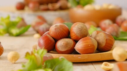 Wall Mural - Hazelnuts.Nuts fall on the table. Nut abundance. Whole organic hazelnuts. High quality 4k footage