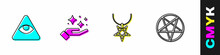 Set Masons, Sparkle Stars With Magic Trick, Pentagram Necklace And In Circle Icon. Vector