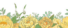 Peony Flowers Seamless Border. Hand Drawn Illustration. Can Be Used As Texture For Fabric, Scrapbooking, Gift Cards.