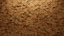 Soft Sheen Tiles Arranged To Create A 3D Wall. Wood, Natural Background Formed From Arabesque Blocks. 3D Render